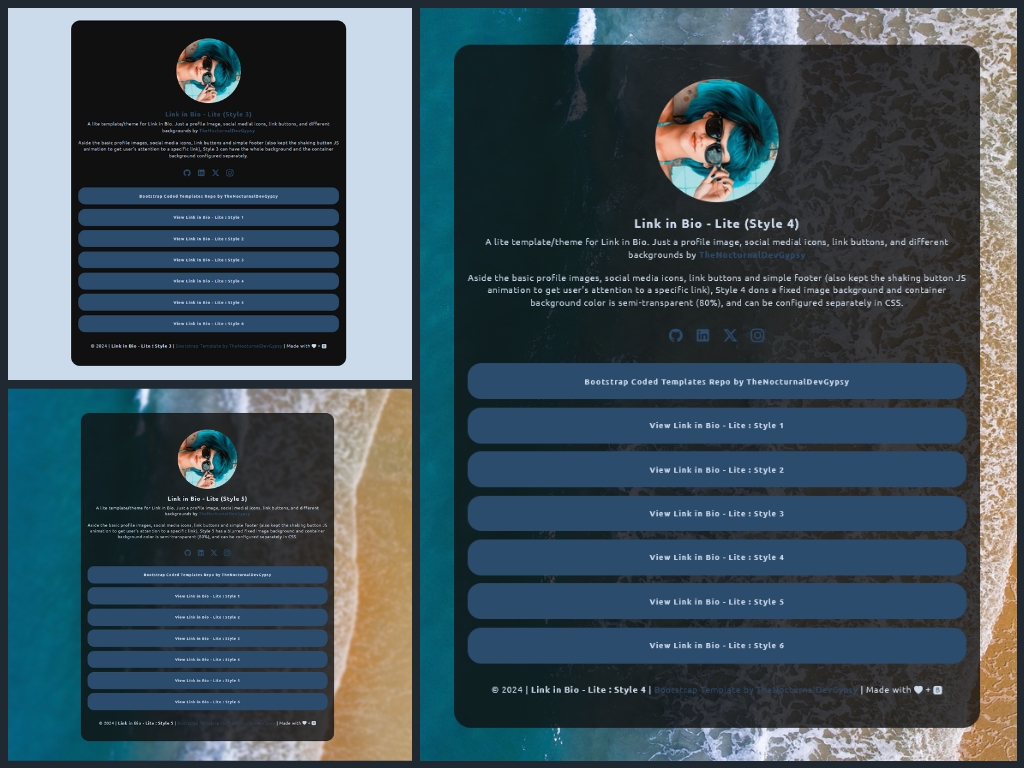 Preview of Lite link-in-bio template with clean card layout and social links.