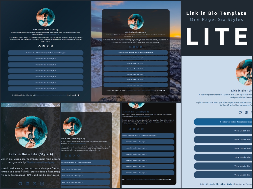 Lite link-in-bio Bootstrap template featuring six modern visual styles.