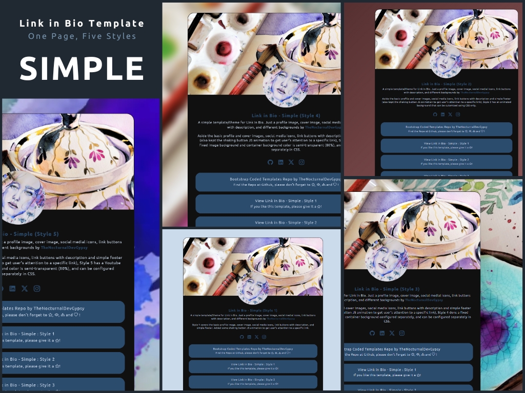 Simple link-in-bio Bootstrap template with minimalist design and five layout options.