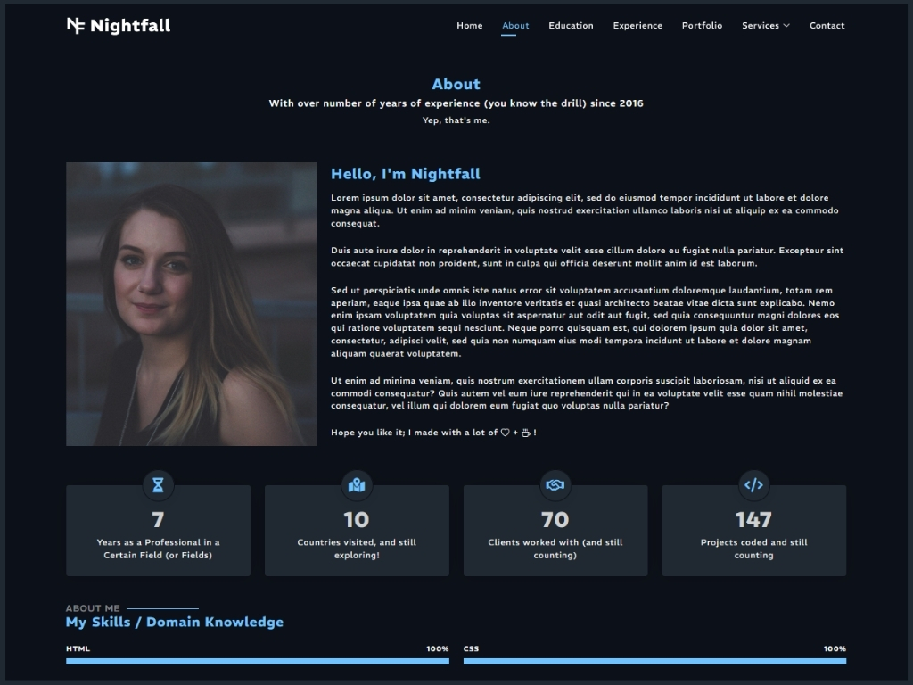 Nightfall multi-page website template built with Bootstrap 5.3.3.