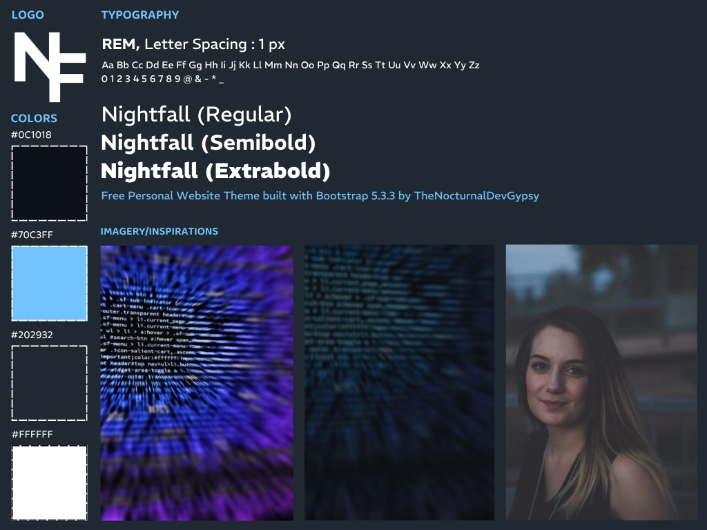 Moodboard showing typography, palette, and design inspiration for Nightfall Bootstrap theme.