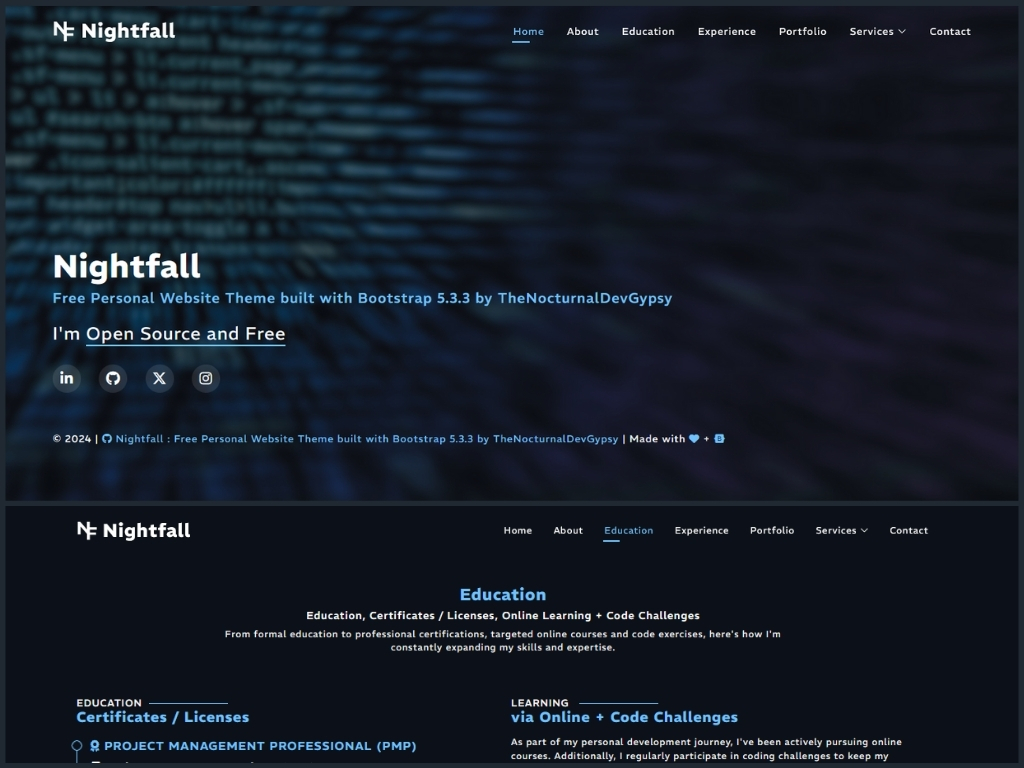 Nightfall multi-page website template built with Bootstrap 5.3.3.